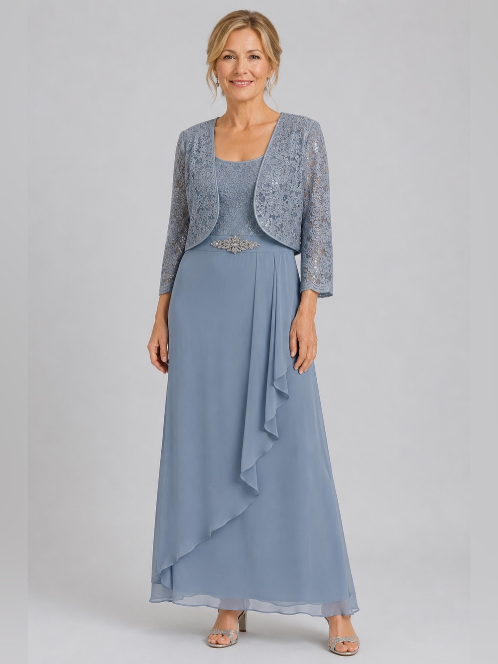 Jessica Howard | Elegant Slate Blue Lace Jacket & Gown Set | Size 10 | Formal